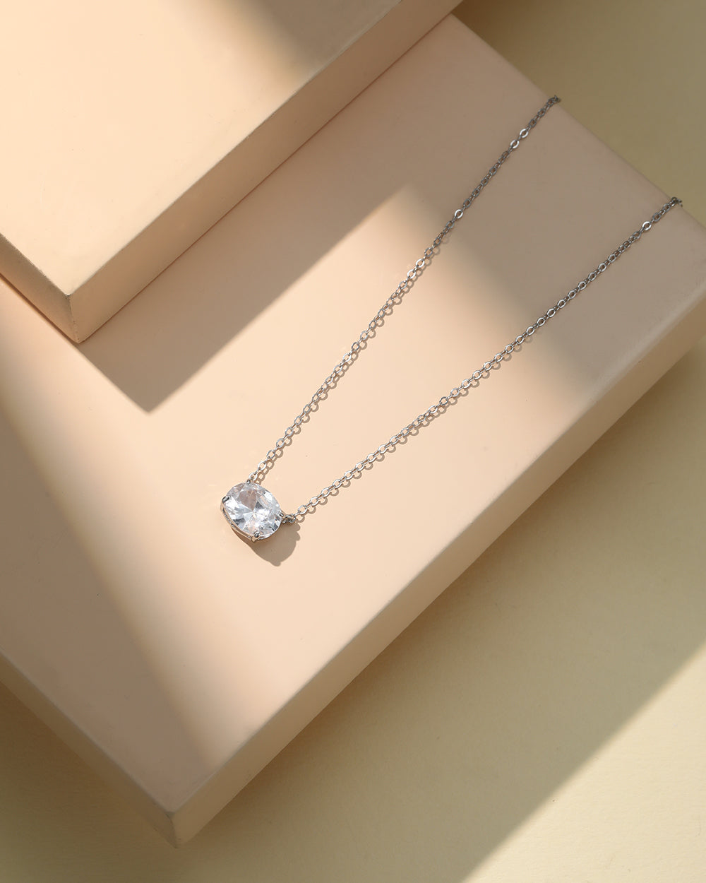 Rhodium Plated Oval CZ Pendant Necklace