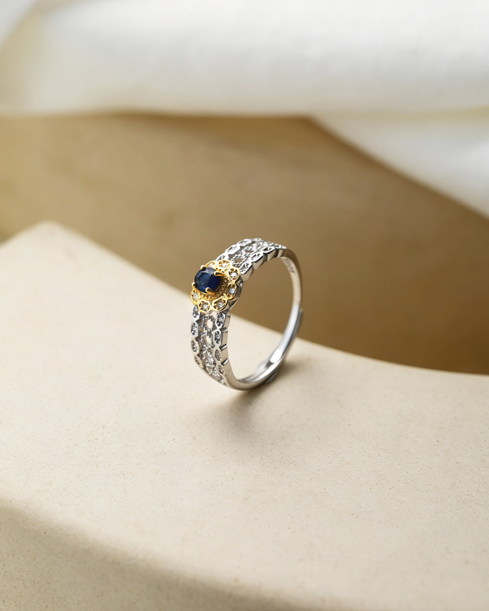 Rhodium Plated Sapphire CZ Open Ring