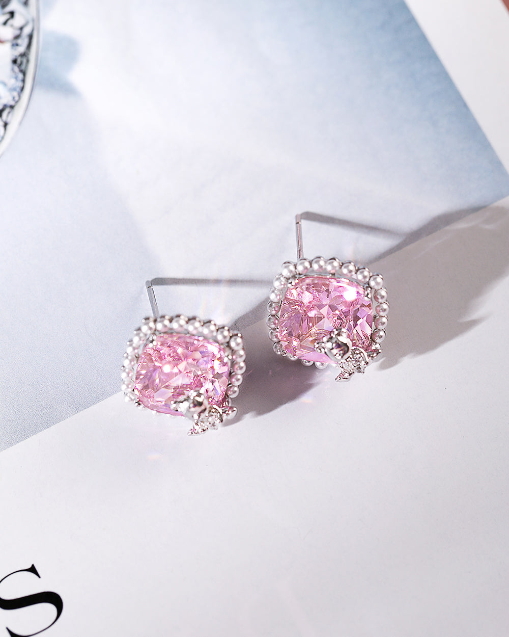 Rhodium Plated Shell Pearl CZ Stud Earrings