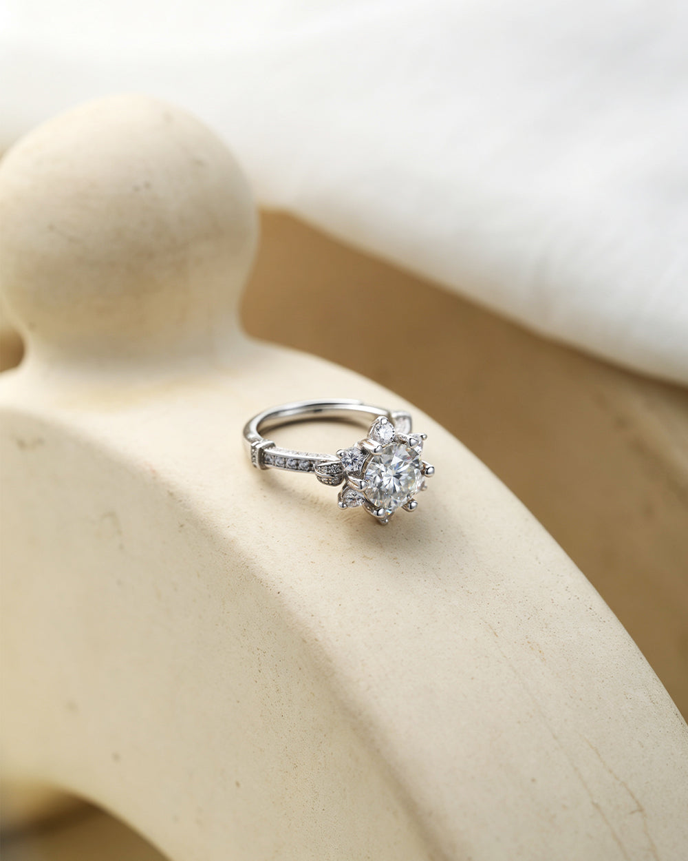 Rhodium Plated Large Moissanite Open Ring
