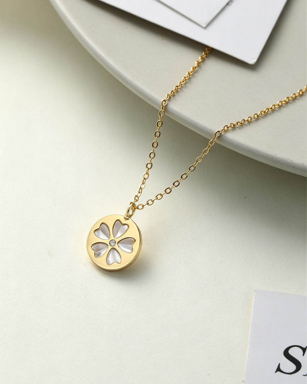 14K Gold Plated Shell & Diamond Pendant Necklace