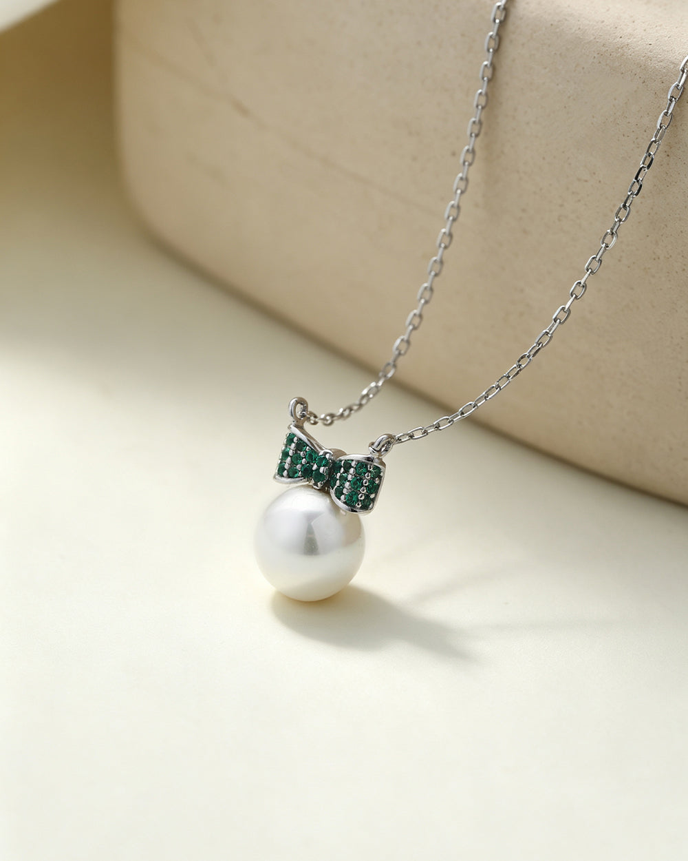 Rhodium Plated Shell Pearl CZ Pendant Necklace