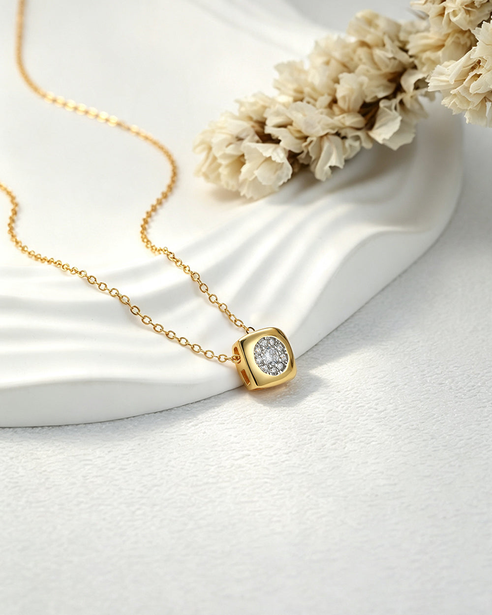 Rounded Square Cluster CZ Pendant Necklace