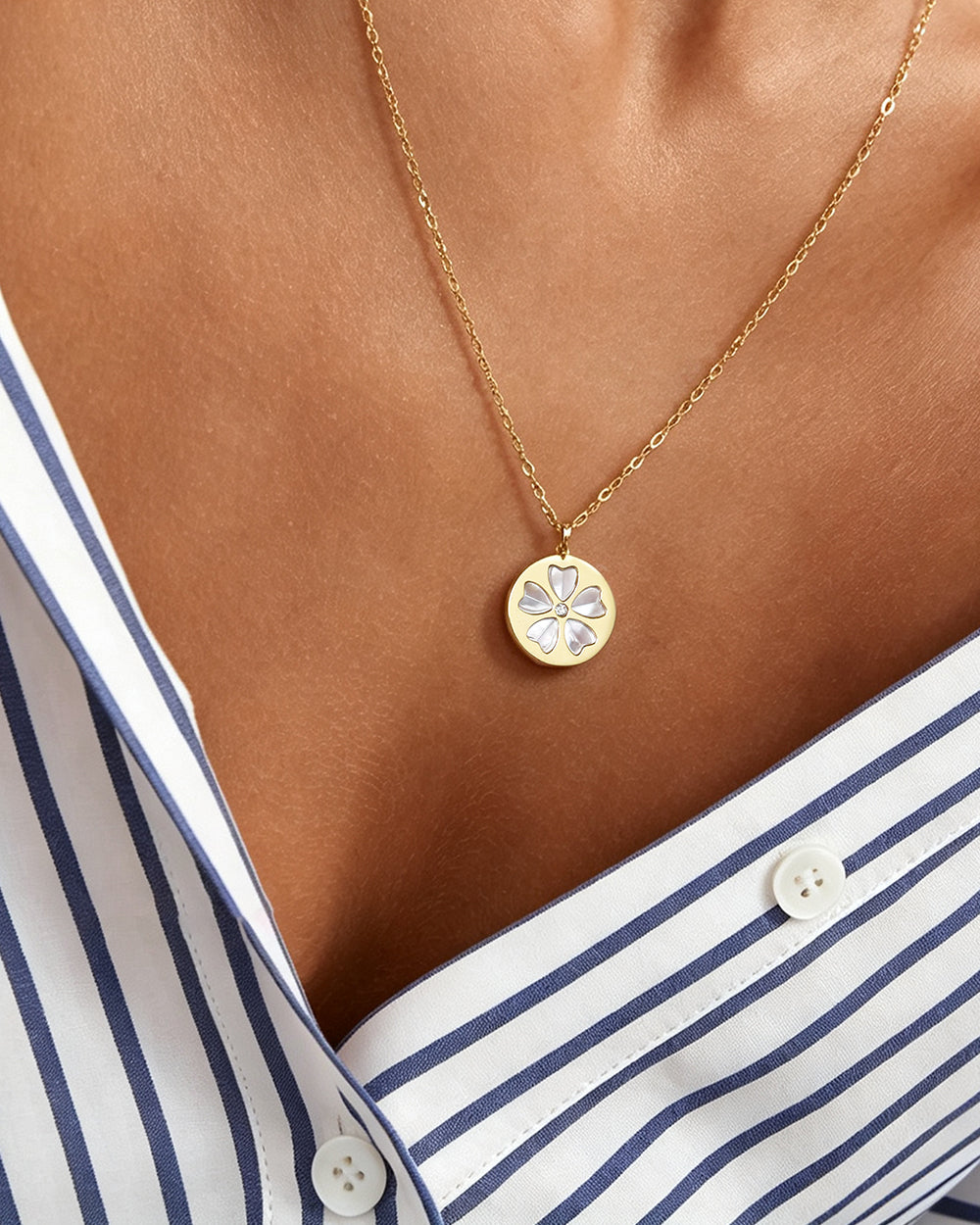 14K Gold Plated Shell & Diamond Pendant Necklace