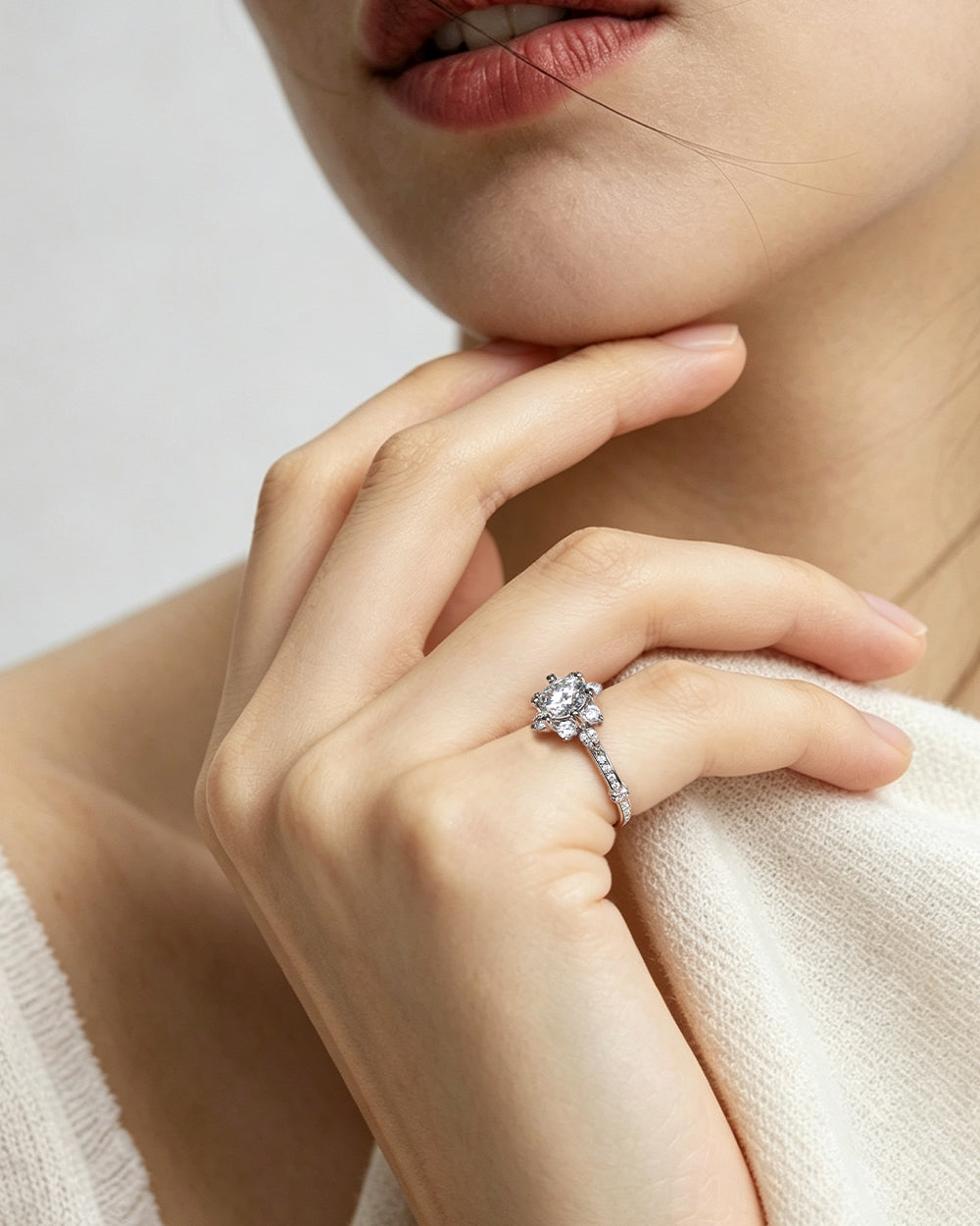 Rhodium Plated Large Moissanite Open Ring