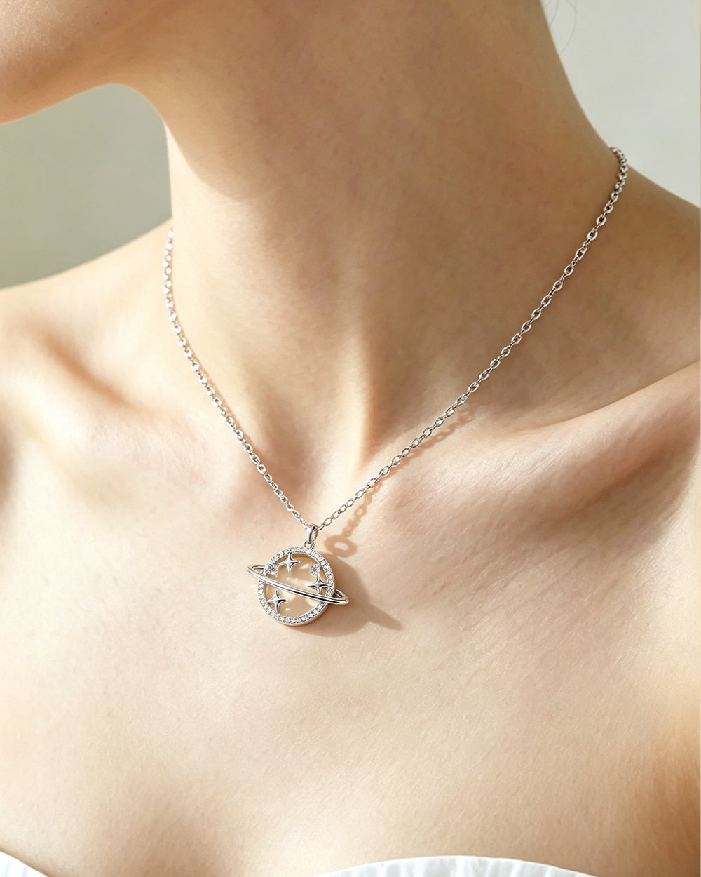 Rhodium Plated Large CZ Pendant Necklace