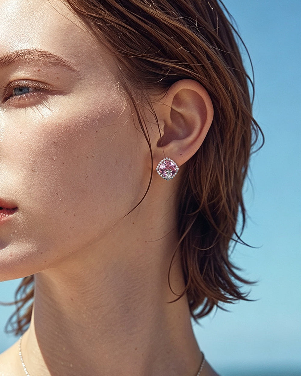 Rhodium Plated Shell Pearl CZ Stud Earrings