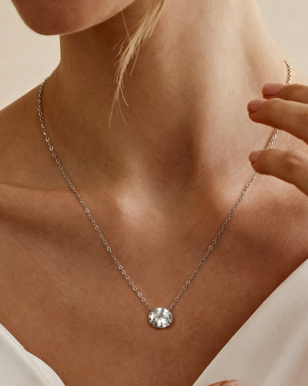 Rhodium Plated Oval CZ Pendant Necklace