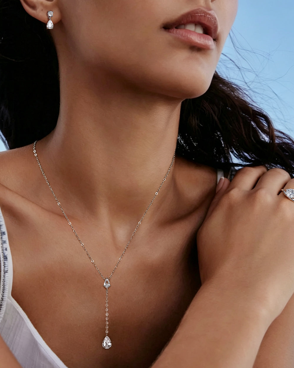 Rhodium Plated Y-Shape Drop Pendant Necklace