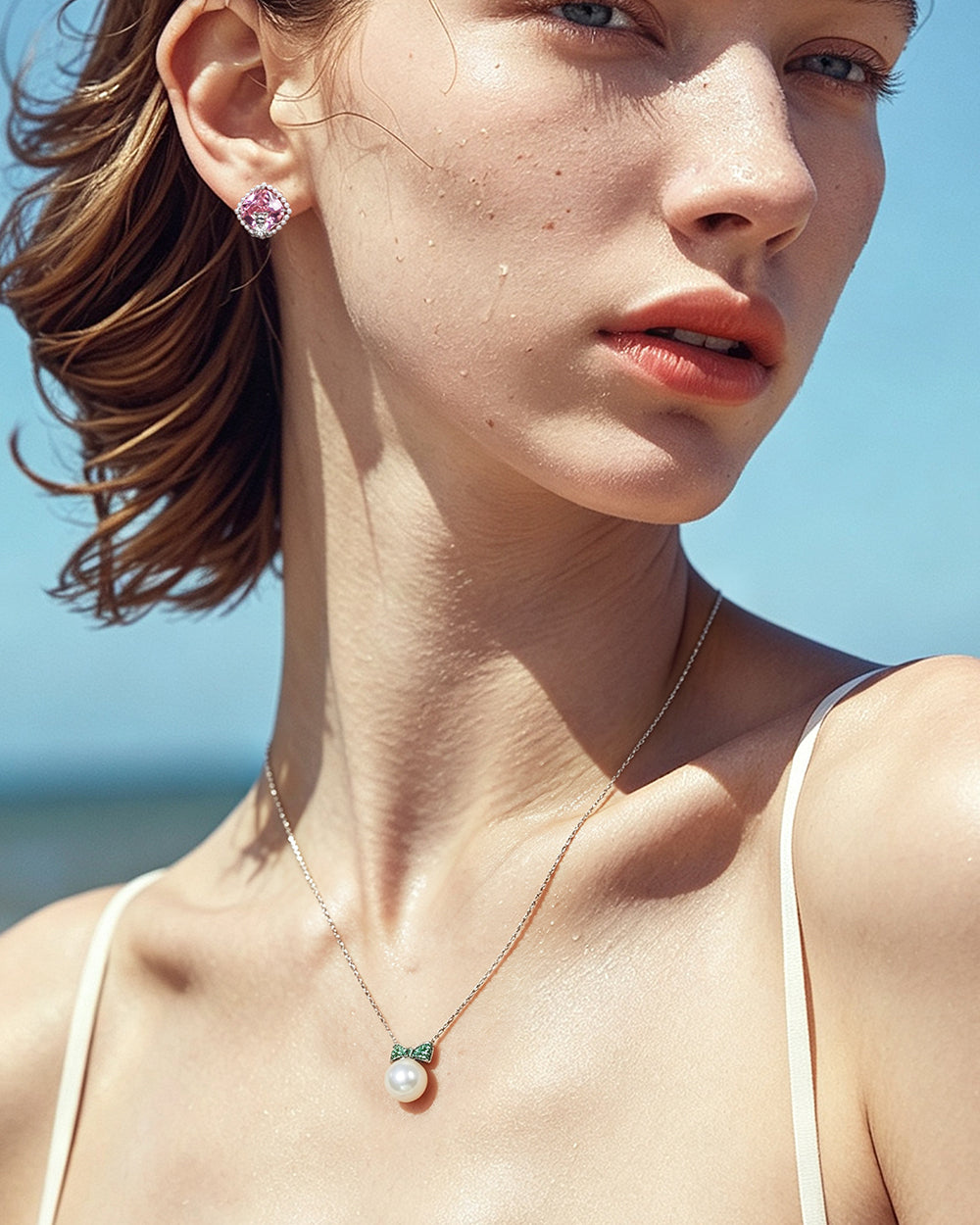 Rhodium Plated Shell Pearl CZ Pendant Necklace