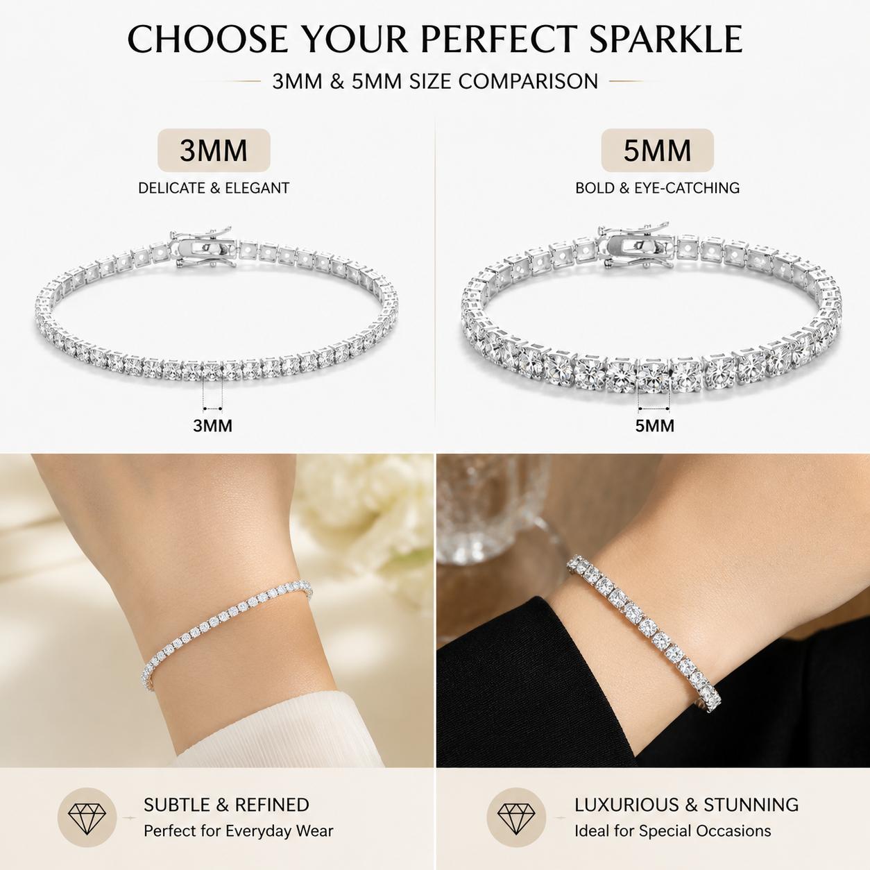 Tennis bracelet with 3 mm/5 mm cubic zirconia stones, shiny rhodium-plated, minimalist everyday jewelry, perfect for the first day back to school.