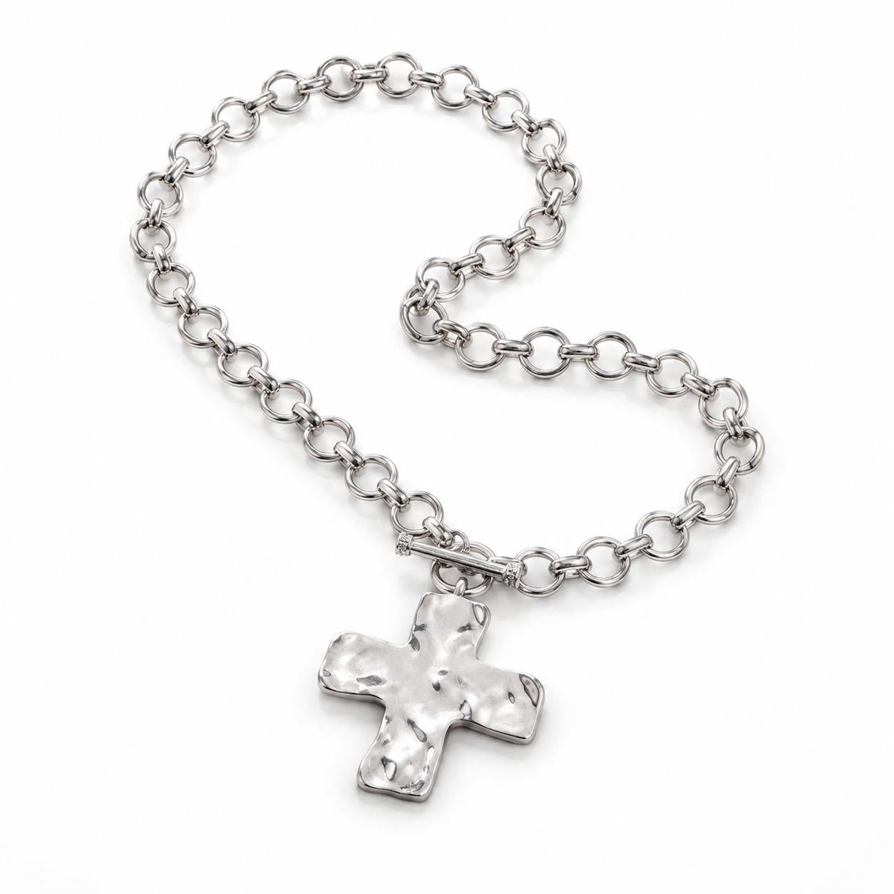 Silver chunky cross necklace for women—layered statement pendant with a hammered texture, bold vintage design, toggle clasp. Fashion jewelry made of stainless steel with an OT clasp; blingy, stylish accessory; perfect for the first day back to school. - gold